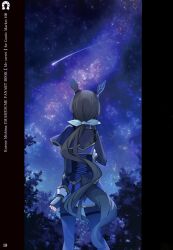  1girl absurdres admire_vega_(starry_nocturne)_(umamusume) admire_vega_(umamusume) animal_ears black_gloves blue_dress bow brown_hair cowboy_shot dress ear_covers facing_away fingerless_gloves from_behind gloves hair_bow highres horse_ears horse_girl horse_tail long_hair long_sleeves milk mishima_kurone night night_sky outdoors ponytail shooting_star single_ear_cover sky solo standing star_(sky) starry_sky tail third-party_source tree umamusume very_long_hair white_bow 