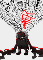  1girl arrow_print black_hair black_jacket boots covering_own_face curled_up english_text full_body fur-trimmed_collar fur_trim graveweaver hair_horns head_down highres i&#039;m_the_grim_reaper jacket knees_together_feet_apart official_art scarlet_(i&#039;m_the_grim_reaper) short_hair sitting solo text_background 