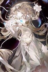  1girl a0akumu bikini black_background blonde_hair commission dress hair_ornament long_hair looking_at_viewer original pearl_thong shell shell_bikini solo swimsuit white_dress 