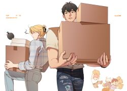  5boys bamby_(plave) black_hair blonde_hair box cardboard_box chibi claw_hair_clip commentary denim eunho_(plave) hair_ornament hairclip hamin_(plave) holding holding_box jeans jewelry korean_commentary looking_to_the_side male_focus mjm4752 multiple_boys multiple_rings noah_(plave) open_mouth pants plaid_clothes plaid_shirt plave ring shirt short_hair simple_background smile torn_clothes torn_jeans torn_pants white_background white_shirt yejun_(plave) 