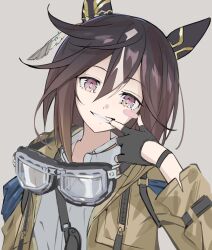  1girl absurdres anejyani animal_ears black_gloves brown_coat brown_hair coat collared_shirt ear_covers earrings feather_earrings feathers finger_in_own_mouth fingerless_gloves gloves goggles hair_between_eyes highres horse_ears horse_girl jewelry long_sleeves looking_at_viewer mouth_pull shirt simple_background smile solo stay_gold_(umamusume) umamusume white_background white_shirt 