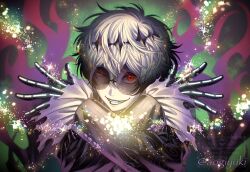  1boy aogiyuki black_crown crown diamond_hairband gloves highres long_sleeves looking_at_viewer male_focus pinstripe_pattern pinstripe_suit pinstripe_vest short_hair skeleton_print skully_j._graves solo striped_clothes suit the_nightmare_before_christmas twisted_wonderland vest white_hair 