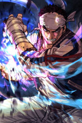  1boy black_hair clenched_teeth energy_ball fighting_stance hadouken hand_wraps hankuri headband jacket looking_to_the_side official_alternate_costume ryu_(street_fighter) solo street_fighter street_fighter_6 teeth thick_eyebrows v-shaped_eyebrows 