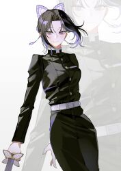 1girl arm_behind_back belt belt_buckle black_hair black_jacket black_pants breasts buckle butterfly_hair_ornament buttons closed_mouth colored_tips cowboy_shot curtained_hair demon_slayer_uniform forehead hair_ornament highres holding holding_sword holding_weapon jacket katana kimetsu_no_yaiba kochou_shinobu light_smile long_sleeves looking_at_viewer medium_breasts middle_part multicolored_hair pants purple_streaks sidelocks solo sono_krg streaked_hair sword turtleneck turtleneck_jacket two-tone_hair violet_eyes weapon white_background white_belt zoom_layer 