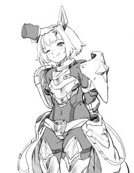  1girl armored_bodysuit armored_gloves armored_skirt arms_behind_back blush bodysuit breasts closed_mouth disembodied_hand goddess_of_victory:_nikke greyscale headpat highres hip_armor leg_armor monochrome noah_(nikke) one_eye_closed short_hair simple_background small_breasts smile solo_focus sparkle_hair_ornament utsuke_(u_tuk_e) white_background 