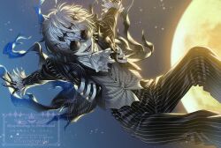  1boy aogiyuki black_crown crown diamond_hairband gloves highres jacket long_sleeves looking_at_viewer male_focus missing_tooth pinstripe_pattern pinstripe_suit pinstripe_vest round_eyewear short_hair skully_j._graves smile solo striped_clothes striped_jacket striped_vest suit the_nightmare_before_christmas twisted_wonderland vertical-striped_clothes vertical-striped_vest vest white_hair 