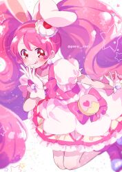  1girl :q absurdly_long_hair absurdres animal_ears big_hair boots bow bowtie brooch buttons cake choker circle_skirt closed_mouth collarbone commentary_request cure_whip dot_nose dress dress_bow earrings eyelashes food food-themed_clothes food-themed_hair_ornament food_print frilled_skirt frilled_sleeves frills fruit_print full_body gloves hair_between_eyes hair_ornament hairband hand_on_own_chin happy heart heart_print high_heel_boots high_heels highres jewelry jumping kirakira_precure_a_la_mode leaning_forward light_blush light_particles long_hair miniskirt pink_bag pink_boots pink_bow pink_bowtie pink_choker pink_hair pink_hairband pink_vest pleated_skirt pom_pom_(clothes) pom_pom_earrings precure print_bag print_skirt puffy_short_sleeves puffy_sleeves rabbit_ears red_eyes serizawa_serizane short_dress short_sleeves simple_background single_floppy_ear skirt skirt_under_dress smile solo square_neckline star_(symbol) strawberry_print strawberry_shortcake tareme tongue tongue_out twintails twitter_username two-tone_bag usami_ichika very_long_hair vest waist_bag wavy_hair white_background white_dress white_gloves yellow_bag yellow_skirt 