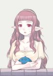  cleavage dragon_quest dragon_quest_iv elf hairband headband long_hair lowres mahito pointy_ears red_eyes rosalie_(dq4) slime_(dragon_quest) 