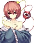  abeshi_shoushou bare_shoulders bust collarbone eyeball hairband heart komeiji_satori looking_at_viewer off_shoulder pink_hair red_eyes short_hair simple_background smile solo takemori_shintarou third_eye touhou 