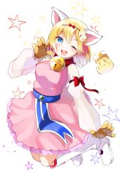  1girl animal_ears animal_hands bell blonde_hair blue_eyes blue_sash blush boots bow breasts cat_ears commentary_request cosplay detached_sleeves dress english_commentary food frilled_dress frills full_body gloves hair_ornament highres hololive hololive_english jingle_bell jumping looking_at_viewer mani_(manidrawings) medium_breasts mixed-language_commentary neck_bell nhk_ni_youkoso! one_eye_closed open_mouth paw_gloves pink_dress pudding pururin_(nhk) pururin_(nhk)_(cosplay) red_bow sash short_hair sleeve_bow sleeveless sleeveless_dress smile solo standing virtual_youtuber watson_amelia white_background white_boots white_sleeves 