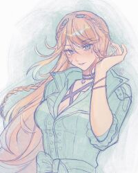  1girl artist_request blonde_hair blush bracelet braid breasts colored_pencil_(medium) crown_braid eiyuu_densetsu elaine_auclair english_commentary floating_hair green_eyes hair_between_eyes highres jewelry kai_no_kiseki kuro_no_kiseki_(series) large_breasts long_hair parted_bangs parted_lips pendant_choker portrait single_braid smile solo traditional_media upper_body 