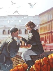  1boy 1girl aiguillette belt bird black_hair bob_cut boots closed_eyes dove flower gloves hat hetero highres jacket kiss kissing_hand military_hat military_jacket military_uniform mori_hisato orange_flower original pants profile short_hair tulip white_gloves white_pants 