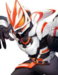  1boy animal_ears armor black_bodysuit bodysuit boost_buckle compound_eyes desire_driver fox fox_ears fox_mask gloves glowing glowing_eyes gradient_fur gun highres holding holding_gun holding_weapon kamen_rider kamen_rider_geats kamen_rider_geats_(magnumboost_form) kamen_rider_geats_(series) kitsune magnum_boost magnum_buckle magnum_shooter_40x male_focus mask olo_22222 orange_armor raise_buckle rider_belt scarf solo tokusatsu weapon white_armor yellow_eyes 