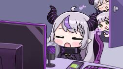  1girl 2boys :d :o ahoge beamed_eighth_notes black_dress braid braided_bangs brother_and_sister brown_shirt cellphone chair chibi closed_eyes collared_shirt commentary_request computer_keyboard demon_horns desk dress eighth_note facial_hair father_and_daughter grey_hair highres hololive horns indoors la+_darknesss la+_darknesss_(1st_costume) long_hair mochimiko monitor multicolored_hair multiple_boys music musical_note mustache office_chair on_chair open_door phone pointy_ears purple_hair shirt siblings singing smile solo_focus streaked_hair stubble sweater_vest swivel_chair virtual_youtuber 