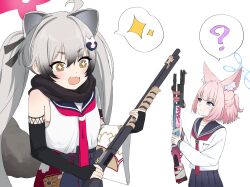 +_+ 2girls :/ :3 :d ? absurdres ahoge animal_ear_fluff animal_ears black_gloves black_sailor_collar black_skirt blue_archive blue_eyes blue_halo blunt_bangs blush brown_eyes closed_mouth commentary_request cowboy_shot excited extra_ears fang fingerless_gloves fox_ears fox_girl frown gloves grey_hair gun half_updo halo highres holding holding_gun holding_weapon long_hair long_sleeves medium_hair michiru_(blue_archive) multiple_girls neckerchief niko_(blue_archive) open_mouth pink_hair pink_halo pleated_skirt ponytail raccoon_ears raccoon_girl raccoon_tail red_neckerchief sailor_collar sailor_shirt school_uniform serafuku shirt short_ponytail simple_background single_bare_shoulder skirt sleeveless sleeveless_shirt smile sparkle speech_bubble spoken_question_mark spoken_sparkle sueoki_makura tail thick_eyebrows twintails v-shaped_eyebrows very_long_hair weapon weapon_switch white_background white_shirt wide_sleeves 