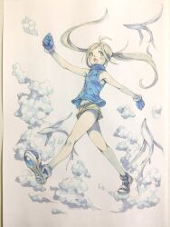  1girl blonde_hair blue_gloves blue_shoes blue_vest clouds commentary creature floating floating_hair flying from_below full_body gloves highres jacket long_hair looking_to_the_side open_mouth original peter_salt shoes short_shorts shorts sleeveless sleeveless_jacket smile solo traditional_media turtleneck turtleneck_jacket twintails vest walking walking_on_air yellow_shorts zipper 