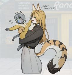  2girls aged_up animal_ears baby blonde_hair casual cat_ears cat_girl cat_tail curvy from_side furry grey_hair highres jewelry kambo long_hair mature_female mother_and_daughter multiple_girls necklace original pulchra_fellini skirt sweater tagme tail zenless_zone_zero 