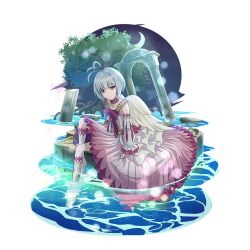  1girl antenna_hair artist_request bare_shoulders bird_girl bird_wings blonde_hair boots bow chest_bow child choker closed_mouth clouds cloudy_sky collarbone colored_tips crescent_moon detached_sleeves dress falling_feathers feathered_wings feathers fitoria_(tate_no_yuusha_no_nariagari) frilled_dress frilled_sleeves frills from_side full_body game_cg gradient_clothes gradient_dress grey_hair knee_boots layered_dress leg_up light_particles light_smile long_dress long_sleeves looking_at_viewer looking_to_the_side moon multicolored_boots multicolored_hair night night_sky official_art pink_boots pink_bow pink_choker pink_dress pink_eyes ruins short_hair simple_background sky soaking_feet solo tate_no_yuusha_no_nariagari tate_no_yuusha_no_nariagari_rerise transparent_background tree two-tone_boots water white_boots white_dress white_sleeves white_wings wings 