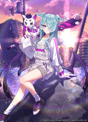  1girl 90kyuuri black_shoes blue_hair closed_mouth copyright_notice dragon_girl dragon_wings elira_pendora elira_pendora_(1st_costume) hair_over_one_eye highres long_hair looking_at_viewer low_wings nijisanji nijisanji_en official_art overalls pikl_(elira_pendora) shirt shoes sidelocks smile solo twilight white_overalls white_shirt wings wixoss 
