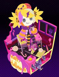  1girl animal asymmetrical_legwear bat_hair_ornament black_eyes blonde_hair bon_bon_eee candy chalkboard commentary desk diorama english_commentary food food-themed_hair_ornament full_body fur_jacket grin hair_ornament halloween happy_halloween happy_halloween_(vocaloid) highres jack-o&#039;-lantern jack-o&#039;-lantern_hair_ornament jacket kagamine_len kagamine_rin lollipop long_sleeves mouse_(animal) multicolored_hair multiple_boys on_desk orange_hair pumpkin_hair_ornament purple_hair school_desk shoes sitting smile sneakers solo streaked_hair striped_clothes striped_sleeves striped_thighhighs swirl_lollipop thigh-highs twintails window wrapped_candy 