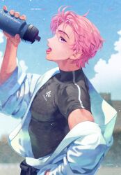  1boy arm_up bamby_(plave) black_shirt blue_sky bottle clouds commentary from_side highres holding holding_bottle jacket k-pop male_focus mjm4752 open_mouth pink_eyes pink_hair plave shirt short_hair sky solo sweat tongue turtleneck turtleneck_shirt upper_body water_bottle white_jacket 