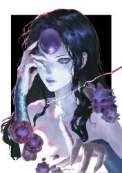  black_hair blue_eyes blue_lips fingernails flower forehead_jewel hand_on_own_face highres hunter_x_hunter long_fingernails long_hair looking_at_viewer outside_border pale_skin palm_siberia signature slit_pupils whistle_0324 