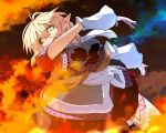  1girl arm_up arm_warmers blonde_hair blush breasts fire flame glowing glowing_eyes green_eyes kanameya light_trail looking_at_viewer mizuhashi_parsee outstretched_arm pointy_ears sash scarf shirt short_hair short_sleeves skirt solo touhou vest 