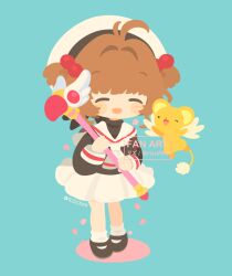  1girl ^_^ antenna_hair aqua_background artist_name black_shoes blush_stickers brown_hair cardcaptor_sakura chibi chibi_only closed_eyes falling_petals fuuin_no_tsue hair_bobbles hair_ornament hat holding holding_staff kero_(cardcaptor_sakura) kinomoto_sakura mary_janes one_eye_closed petals rizu_(rizunm) sailor_collar school_uniform shoes short_hair simple_background skirt socks staff tomoeda_elementary_school_uniform white_sailor_collar white_skirt white_socks 