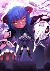  2girls black_cape blue_eyes blue_hair boots braid bungo_yayoi cape crossed_arms demon_horns destruction evil_smile full_body giant gloves glowing glowing_eyes grey_cape grey_hair grin heaven_burns_red horns joints long_hair long_sleeves looking_at_viewer multiple_girls open_mouth red_eyes short_hair skeleton skull smile standing teeth thigh-highs user_xvxh2273 white_hair wings yamawaki_bon_ivar yellow_eyes 