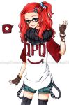  bracelet clothes_writing clothing_writing fashion fingerless_gloves glasses gloves hair_ornament hairclip jewelry joanna_(mojo!) long_hair myrollingstar open_mouth original red_hair redhead scarf smile solo t-shirt thigh-highs thighhighs traditional_media watermark 
