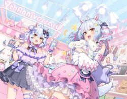  2boys animal_ears anniversary black_skirt blue_hair bow brown_eyes cellphone character_doll colored_inner_hair cross-laced_clothes cross-laced_sleeves dog_tail doll double_bun dual_persona fake_animal_ears fake_horns frilled_skirt frilled_wrist_cuffs frills hair_bow hair_bun hair_ornament hairband high-waist_skirt holding holding_phone holding_stuffed_toy horns horse_ears indoors inuyama_tamaki inuyama_tamaki_(2nd_costume) inuyama_tamaki_(9th_costume) jirai_kei kaito_(k4itoh) long_sleeves looking_at_viewer male_focus multicolored_hair multiple_boys multiple_hair_bows noripro off-shoulder_shirt off_shoulder official_alternate_costume official_alternate_hairstyle phone pink_skirt puffy_long_sleeves puffy_short_sleeves puffy_sleeves purple_shirt second-party_source shirt short_sleeves side_up_bun skirt smartphone smile smoothie star_(symbol) star_hair_ornament stuffed_animal stuffed_dog stuffed_toy stuffed_unicorn tail thigh_strap twintails two-tone_hair unicorn_horn virtual_youtuber white_shirt wrist_cuffs 