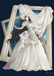  1girl absurdres black_hair bow dark_background dated dress gloves gown guocha_jia_zhenzhu hat hat_bow highres isolde_(reverse:1999) juliet_sleeves long_dress long_hair long_sleeves looking_at_viewer parted_lips picture_frame puffy_sleeves reverse:1999 solo standing veil very_long_hair violet_eyes white_bow white_dress white_hat white_veil yellow_gloves 