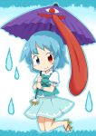  absurdres blue_hair geta heterochromia highres karakasa_obake oriental_umbrella short_hair smile solo tatara_kogasa touhou umbrella yamabuki_(yusuraume) 