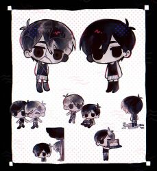  2boys antenna_hair black_eyes black_hair black_tank_top black_thighhighs chibi chibi_only closed_eyes closed_mouth colored_skin computer double-parted_bangs dual_persona hair_between_eyes hiding holding holding_hands holding_laptop laptop looking_at_another male_focus mewo multiple_boys omori omori_(omori) open_mouth rou_(h_s_sinrin) shattered_omori_(omori) shorts smile striped_clothes striped_shorts tank_top thigh-highs tree vertical-striped_clothes vertical-striped_shorts white_shorts white_skin 