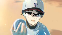  1boy :d asumi_chikyuu ball baseball baseball_(object) baseball_cap baseball_jersey black-framed_eyewear black_hair blurry blurry_foreground bright_pupils chromatic_aberration commentary_request glasses hat highres holding holding_ball jersey kobori_heita light_particles looking_at_viewer male_focus mole mole_under_eye open_mouth portrait shirt short_hair smile solo strikeout_pitch violet_eyes white_hat white_pupils white_shirt 