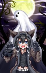  1boy absurdres black_claws black_hair blue_eyes blush dragon_boy dragon_horns fake_claws fur_sleeves g_(genesis1556) ghost hair_between_eyes halloween halloween_costume highres horns looking_at_viewer monster_boy multicolored_hair open_mouth original rio_(g_(genesis1556)) two-tone_hair werewolf_costume white_hair 