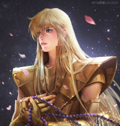  1boy androgynous armor bead_necklace beads blonde_hair blue_eyes closed_mouth gold_armor gold_saint highres holding holding_jewelry holding_necklace jewelry kdash lips long_hair looking_ahead male_focus necklace petals saint_seiya solo star_(sky) upper_body very_long_hair virgo_shaka 