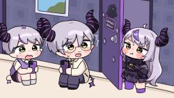  1girl 2boys :t ^^^ ahoge asymmetrical_legwear black-framed_eyewear black_dress black_pants black_shorts black_socks blush_stickers braid braided_bangs brother_and_sister brown_eyes brown_shirt cellphone chibi closed_mouth collared_shirt commentary_request crow_(la+_darknesss) demon_horns dress dress_shirt facial_hair father_and_daughter glasses grey_hair grey_socks highres holding holding_phone hololive horns indoors la+_darknesss la+_darknesss_(1st_costume) long_hair long_sleeves mochimiko multicolored_hair multiple_boys mustache on_floor open_door open_mouth pants phone pout purple_hair purple_socks purple_thighhighs semi-rimless_eyewear shirt shorts siblings single_sock single_thighhigh sitting small_sweatdrop socks standing streaked_hair stubble sweat sweater_vest thigh-highs under-rim_eyewear very_long_hair virtual_youtuber wavy_mouth 