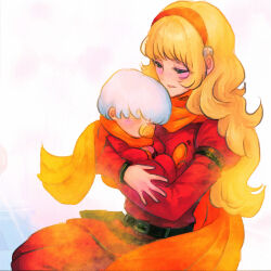  baby belt black_belt blonde_hair carrying carrying_baby carrying_person coat cyborg cyborg_009 francoise_arnoul grey_hair hairband highres ivan_whisky light_blush long_eyelashes long_hair pacifier pants red_coat red_hairband red_pants sariokisu scarf sitting sleeping soldier yellow_scarf 
