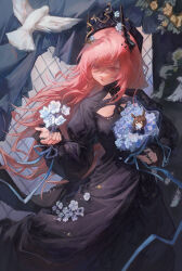  2girls absurdres alternate_costume amiya_(arknights) animal_ears arknights bird black_dress black_horns bouquet brown_hair chinese_commentary closed_eyes commentary_request dress feet_out_of_frame flower hair_between_eyes highres holding holding_bouquet holding_flower horn_flower horns jewelry long_dress long_hair long_sleeves looking_at_flowers multiple_girls mumu_millhayes parted_lips puffy_sleeves rabbit_ears rabbit_girl red_eyes red_hair ring theresa_(arknights) white_flower yellow_flower 