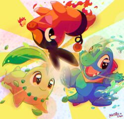  chikorita closed_mouth fangs fire highres leaf mathios_uwo no_humans open_mouth pokemon pokemon_(creature) pokemon_focus pokemon_legends:_z-a red_eyes sharp_teeth smile starter_pokemon_trio tail teeth tepig totodile upside-down water 