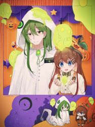  1boy 1girl alternate_costume blue_eyes brown_eyes brown_hair chibi couple green_hair hair_between_eyes halloween halloween_costume hat hetero highres hod_(project_moon) holding jack-o&#039;-lantern jacket long_hair looking_at_viewer netzach_(project_moon) open_mouth ori_oriio overalls project_moon shirt smile star_(symbol) white_jacket white_shirt 