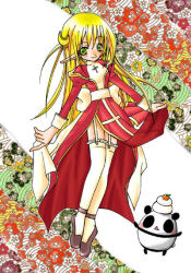  1girl 2000s_(style) back_bow blonde_hair blush bow brown_shoes closed_mouth commentary_request curtsey dress food full_body garter_straps green_eyes high_priest_(ragnarok_online) juliet_sleeves long_hair long_sleeves looking_at_viewer mochi orine3 pointy_ears puffy_sleeves ragnarok_online red_dress sash shoes smile solo stuffed_animal stuffed_panda stuffed_toy thigh-highs two-tone_dress very_long_hair white_background white_bow white_dress white_sash white_thighhighs 