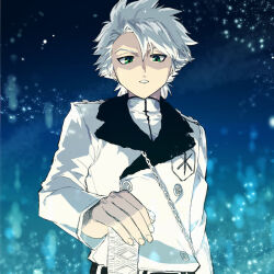  1boy bleach bleach:_sennen_kessen-hen chain coat commentary_request green_eyes hitsugaya_toushirou male_focus nigatsumikka solo sword upper_body wandenreich_uniform weapon white_coat white_hair 