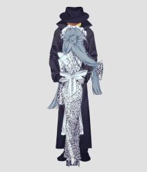  1boy 1girl air_zizon apron black_coat black_hat blue_hair coat colored_skin dress eunoia_(frozen_soul) fedora from_behind frozen_soul full_body hair_bun hat high_heels highres long_hair mafioso_(frozen_soul) maid_headdress roblox shoes simple_background standing very_long_hair white_apron white_background white_dress white_shoes yellow_skin 