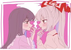  2girls blush bow brown_hair cigarette cigarette_kiss collared_shirt commentary_request eye_contact frilled_shirt_collar frilled_sleeves frills fujiwara_no_mokou grey_hair grey_shirt hair_bow houraisan_kaguya long_hair long_sleeves looking_at_another multiple_girls open_mouth paint_chat_(medium) red_eyes shirt smile smoke smoking suspenders tamiko_(tamik0224) touhou yuri 