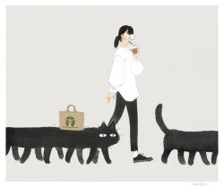 1girl black_hair cat commentary_request creature drink drinking full_body glasses grey_background holding holding_drink nagabe original ponytail round_eyewear shirt simple_background walking white_shirt 