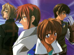  4boys absurdres black_coat blonde_hair blue_eyes brown_hair claw_(weapon) coat eyewear_strap fujimiya_ran gloves goggles goggles_around_neck hidaka_ken highres kudou_youji looking_at_another looking_over_eyewear magazine_scan male_focus multiple_boys multiple_persona non-web_source official_art red_hair scan serious sunglasses tsukiyono_omi weapon weiss_kreuz 