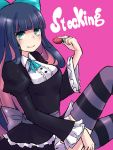  food fruit green_eyes hair_bow holding holding_fruit holding_strawberry long_hair minato_(shouno) multicolored_hair panty_&amp;_stocking_with_garterbelt smile stocking_(character) stocking_(psg) strawberry striped striped_legwear striped_thighhighs thigh-highs thighhighs two-tone_hair 