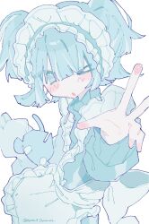  1girl apron apu_(aputto_9) back_bow blue_jacket blush bow commentary hair_between_eyes high_collar highres jacket jersey_maid long_sleeves maid maid_apron maid_headdress medium_hair one_eye_closed open_mouth original simple_background solo symbol-only_commentary tenshi_kaiwai two_side_up unconventional_maid w white_apron white_background white_headdress 